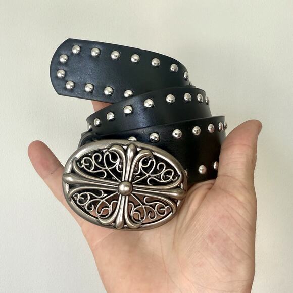 Vintage Chrome Cross Studded Black Belt – Silver Grunge Unisex Style, New - Picture 2 of 8